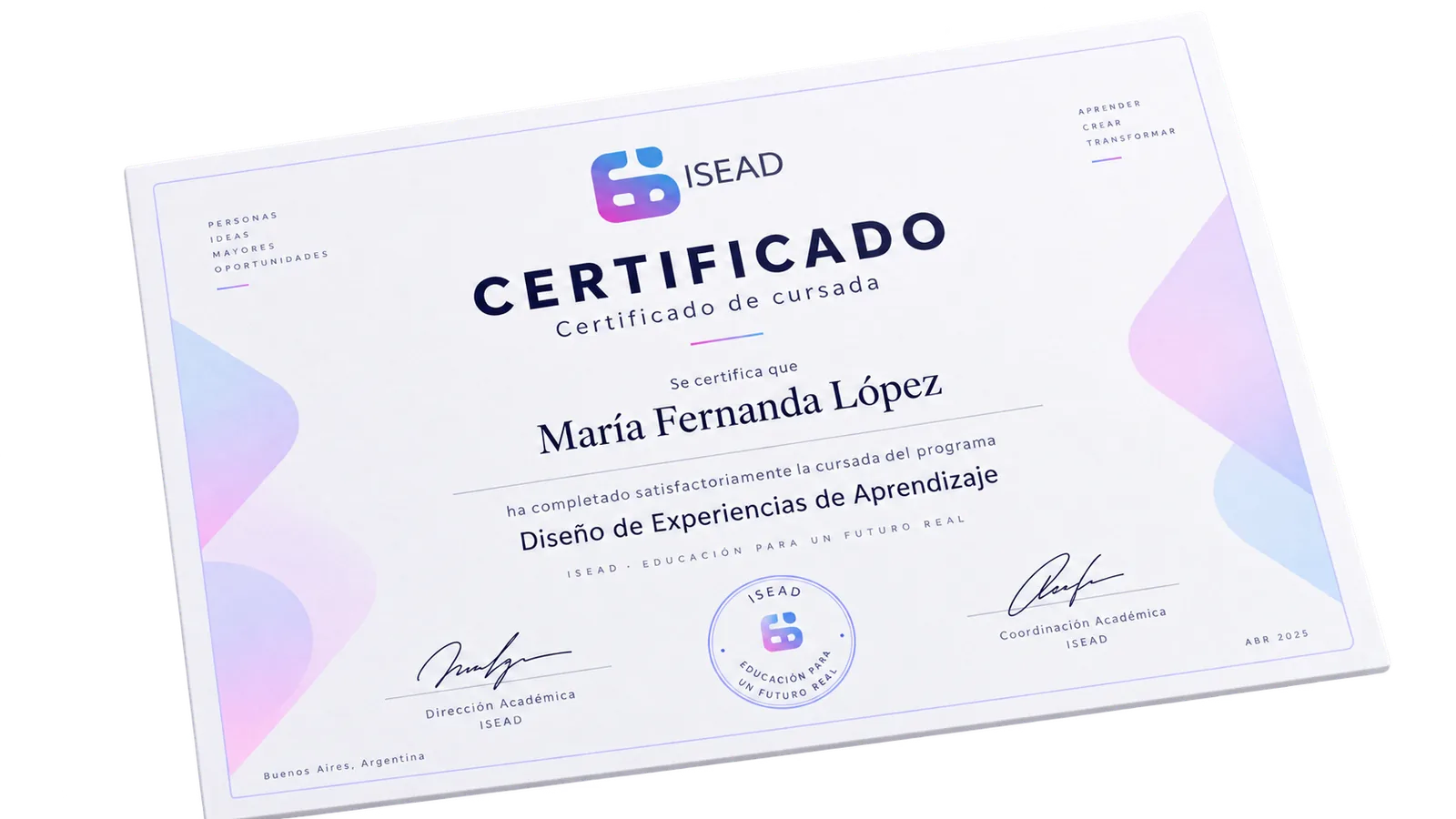 Certificado de cursada emitido por ISEAD.
