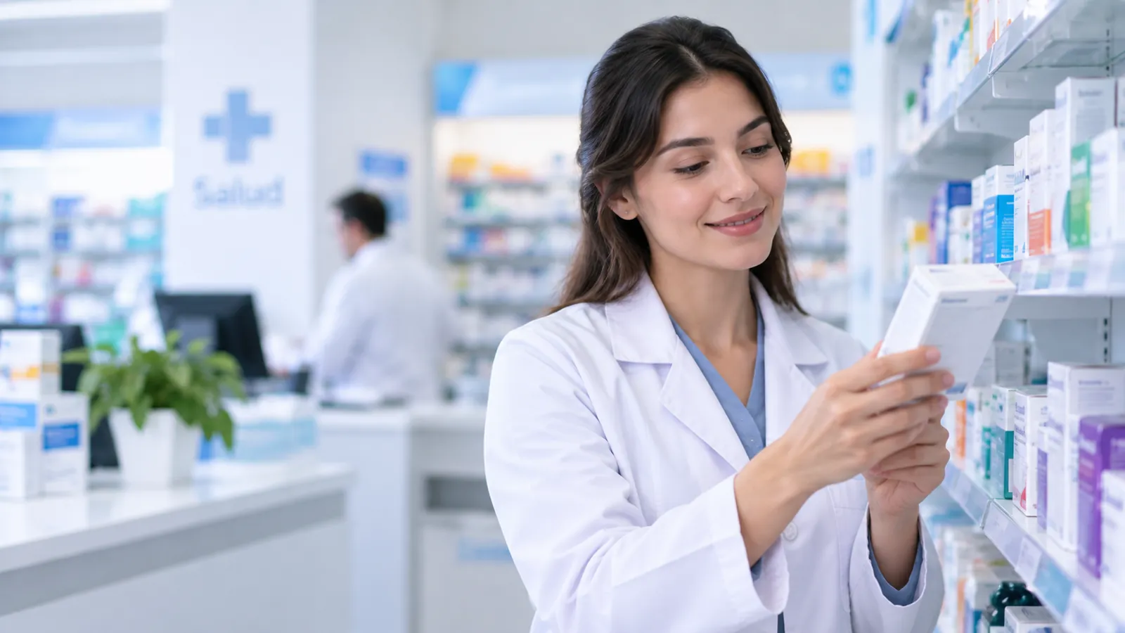 Auxiliar trabajando con productos dentro de una farmacia moderna.