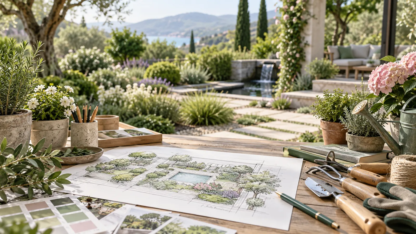 Proyecto de paisajismo y diseño de jardín sobre mesa de trabajo.